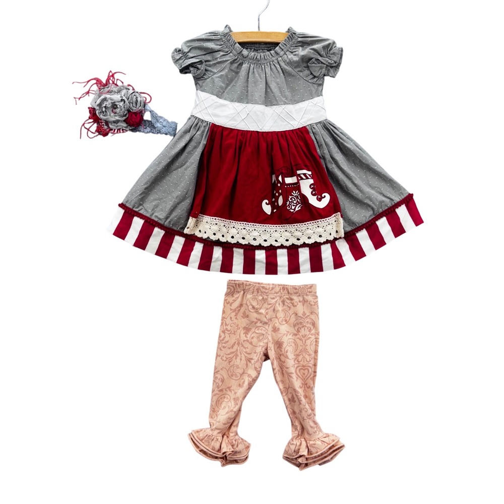 Persnickety Girls Dress Legging Headband Set Size 6-12M Red Christmas Stocking‎